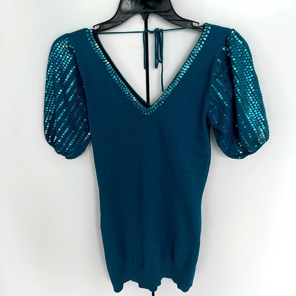 Sweaters - ❤️ Beautiful teal evening top with sequinned puffy sleeves